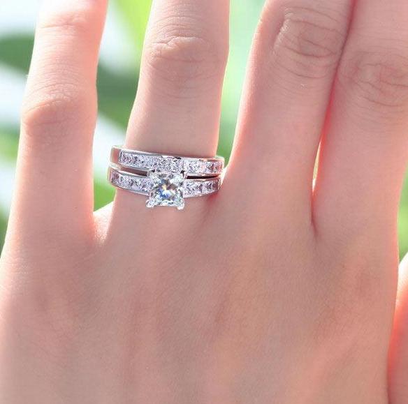 INFINITY 1ct Princess Cut Solid 925 Sterling Silver 2-Pcs Wedding Engagement Ring Set - infinity diamond ring