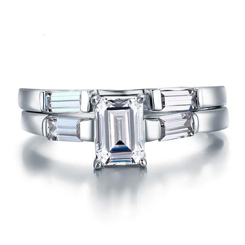 INFINITY Emerald Cut 1 Carat 2-Pcs Sterling Solid 925 Silver Ring Set - infinity diamond ring